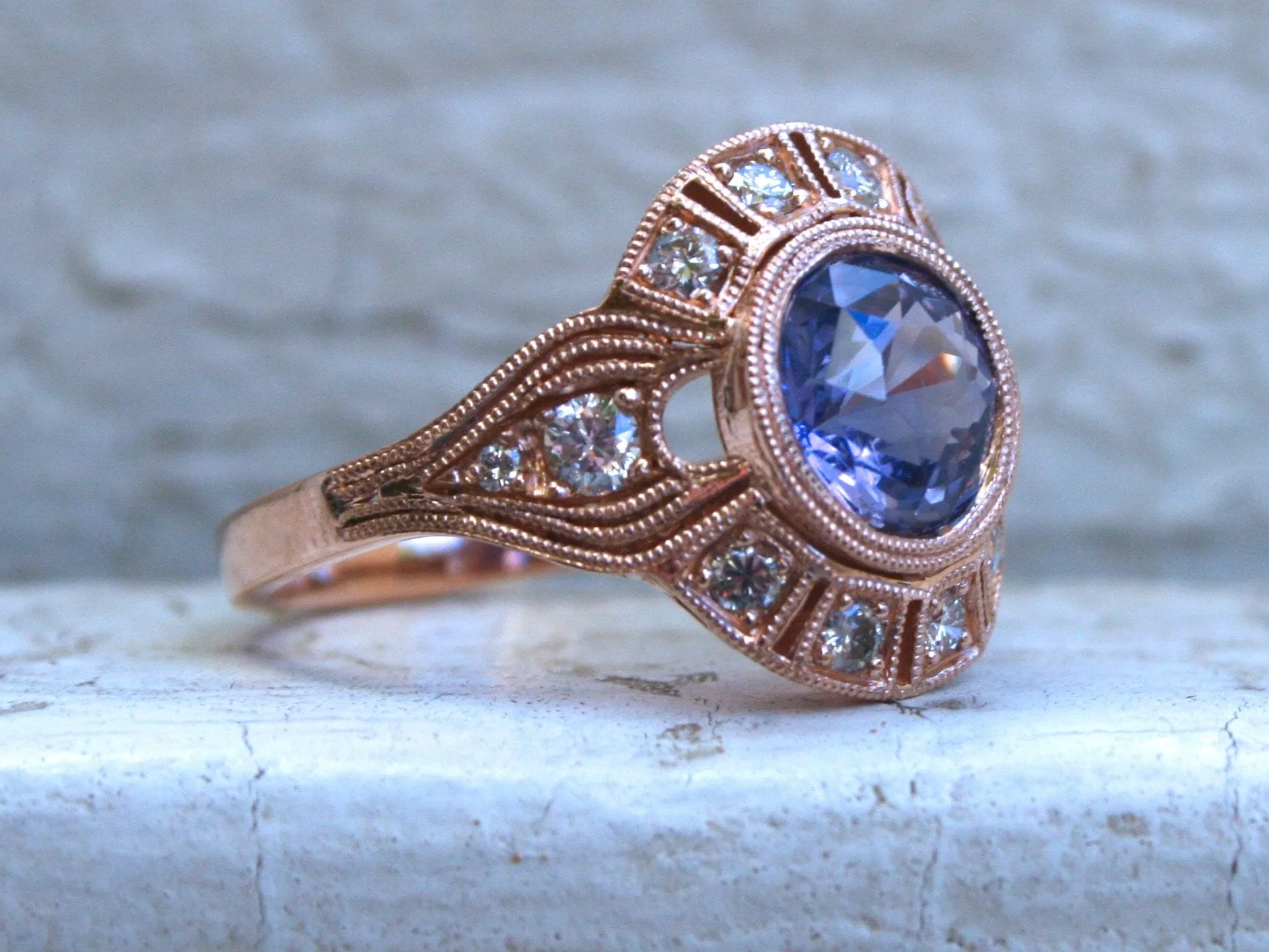 Vintage Inspired Diamond Halo Lavender Sapphire Engagement Ring Wedding Ring in 14K Rose Gold.