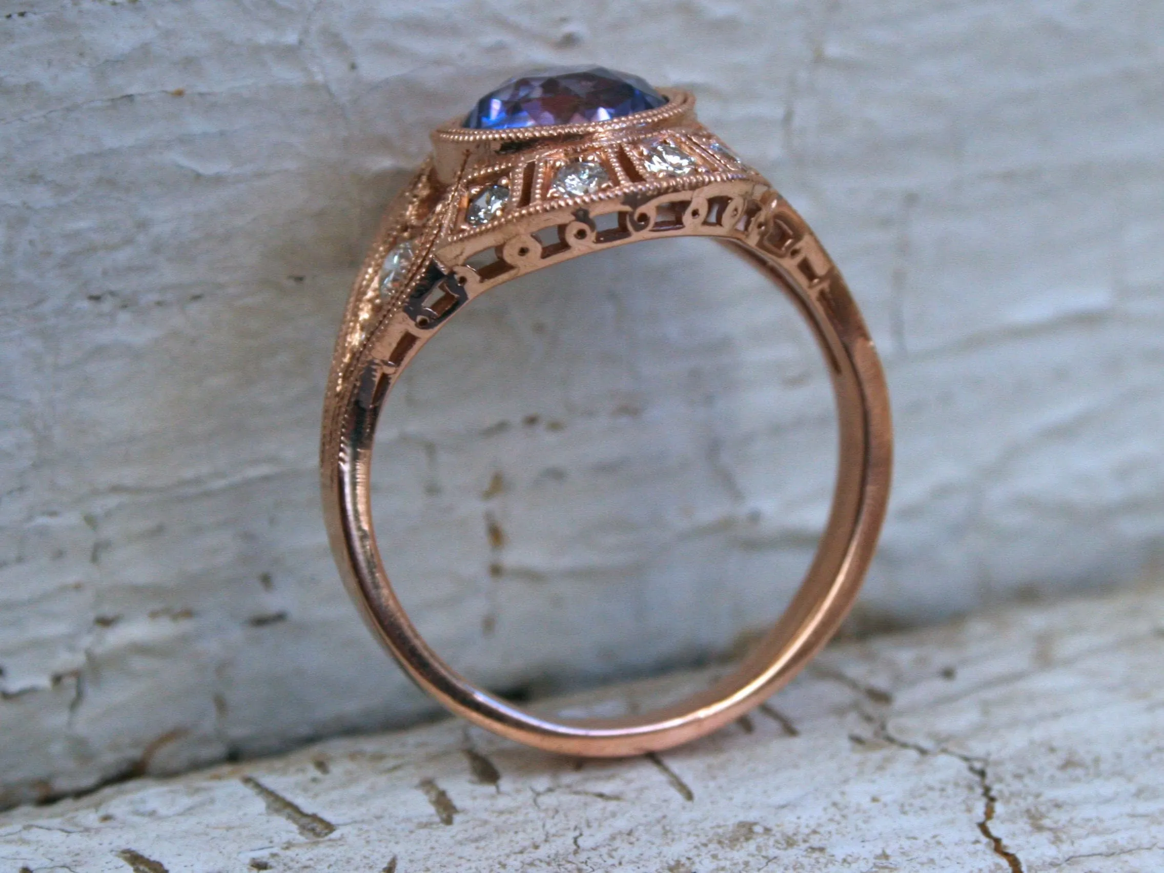 Vintage Inspired Diamond Halo Lavender Sapphire Engagement Ring Wedding Ring in 14K Rose Gold.