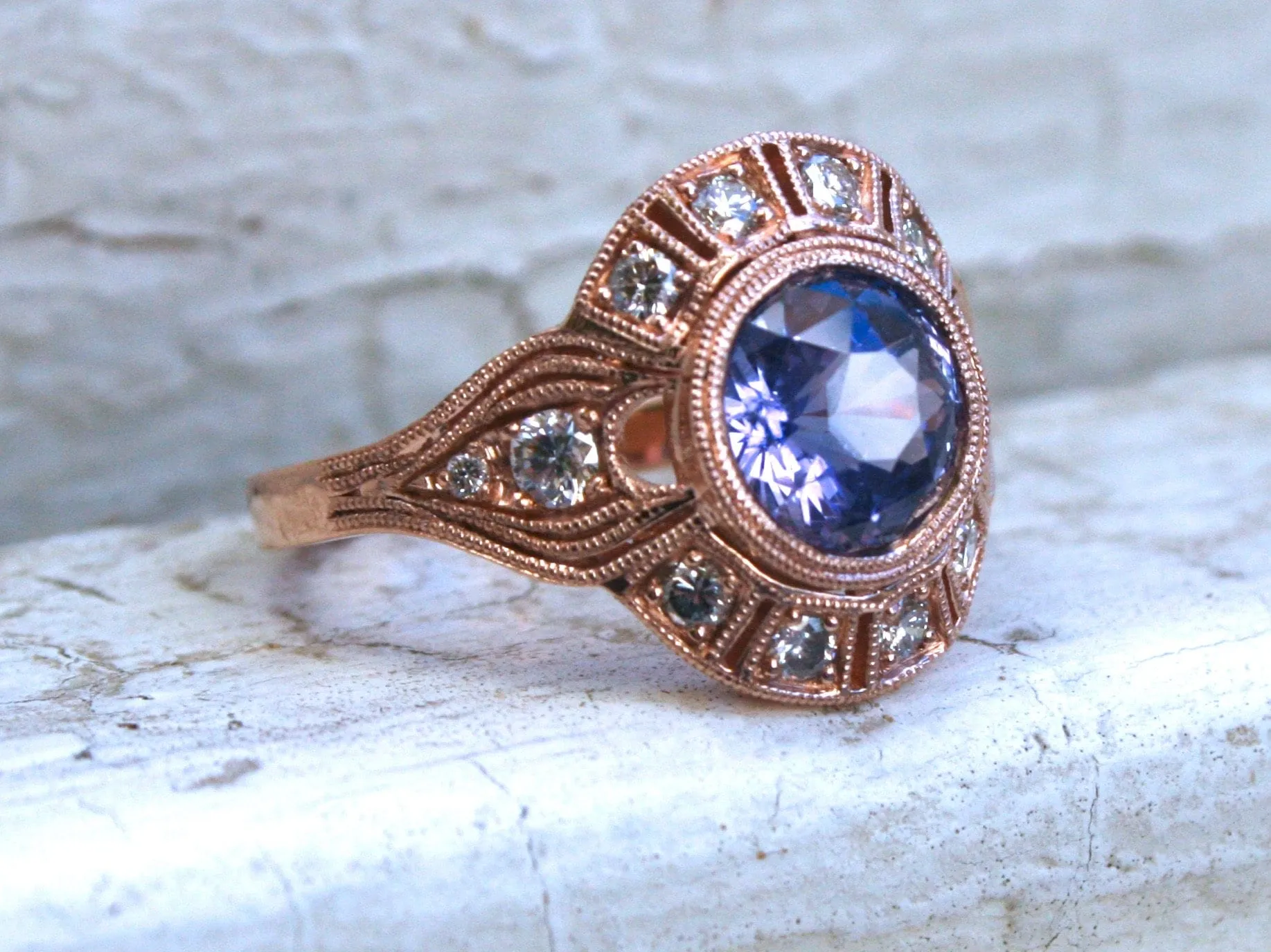 Vintage Inspired Diamond Halo Lavender Sapphire Engagement Ring Wedding Ring in 14K Rose Gold.