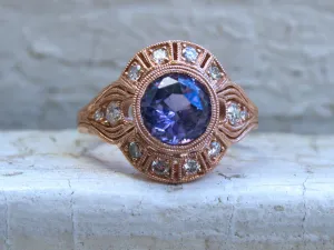Vintage Inspired Diamond Halo Lavender Sapphire Engagement Ring Wedding Ring in 14K Rose Gold.