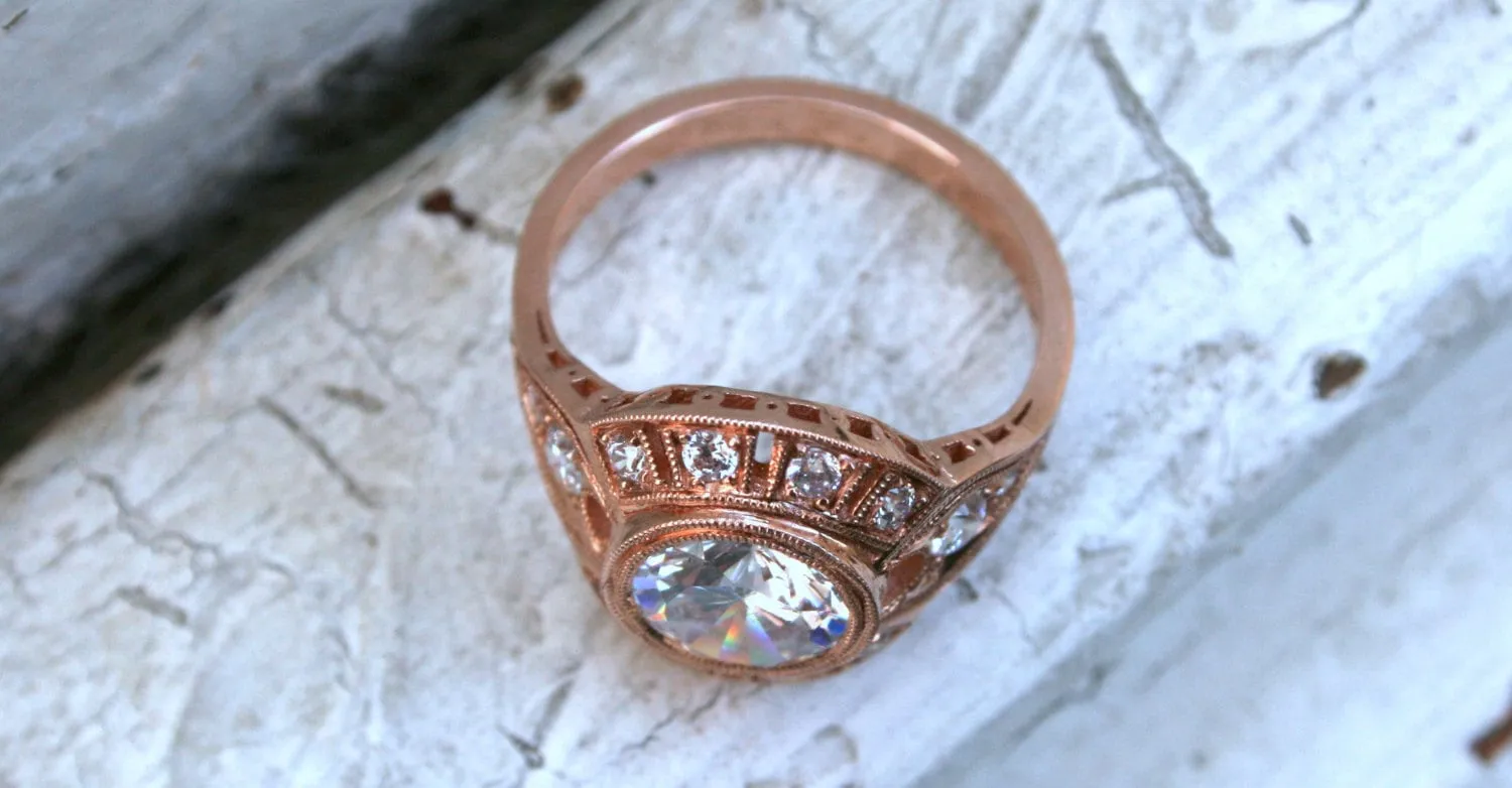 Vintage Inspired Moissanite Halo Engagement Ring Wedding Ring.