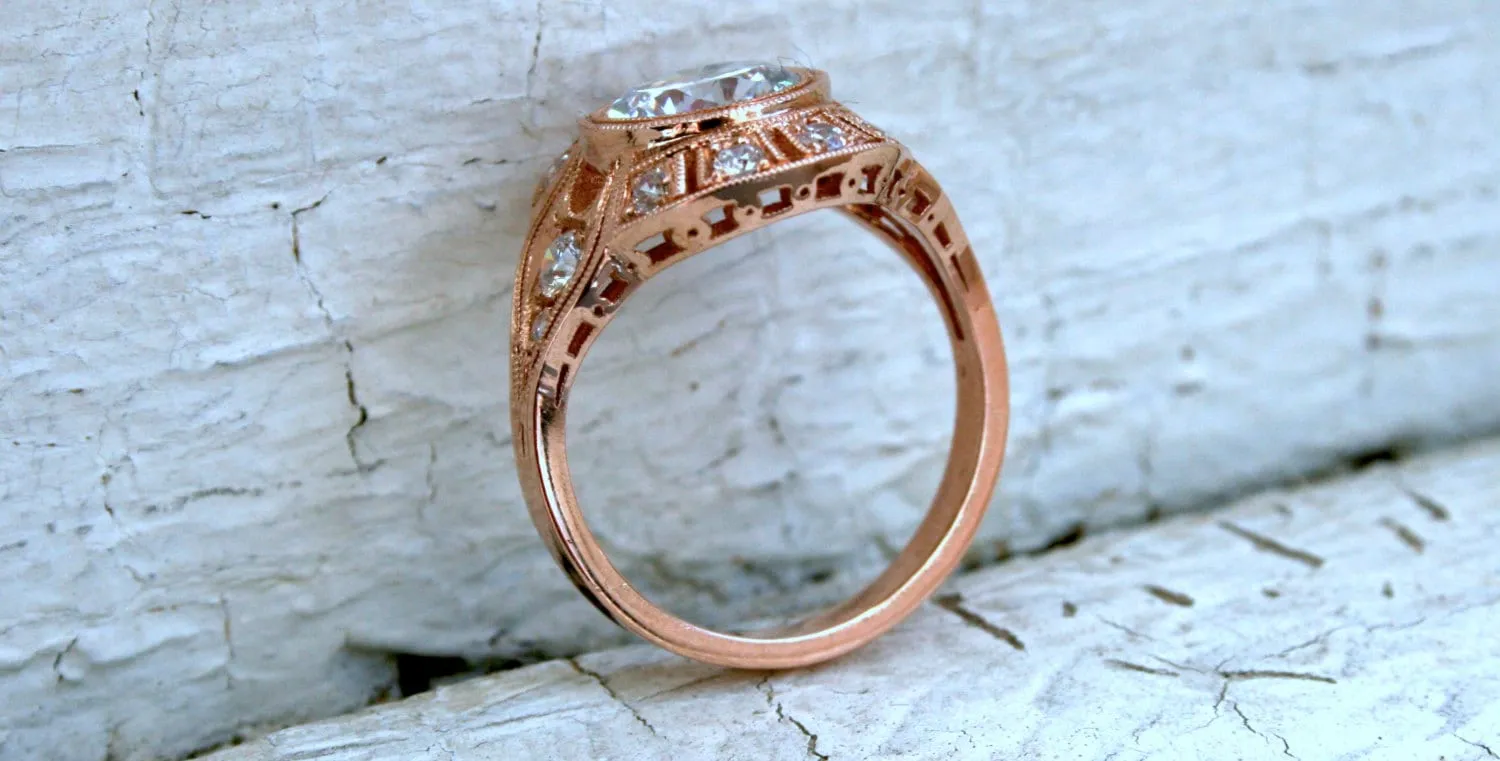 Vintage Inspired Moissanite Halo Engagement Ring Wedding Ring.