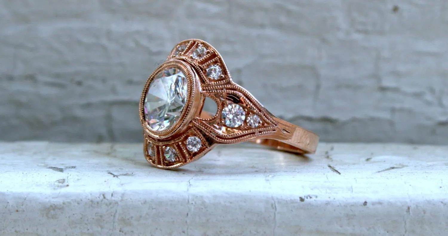 Vintage Inspired Moissanite Halo Engagement Ring Wedding Ring.