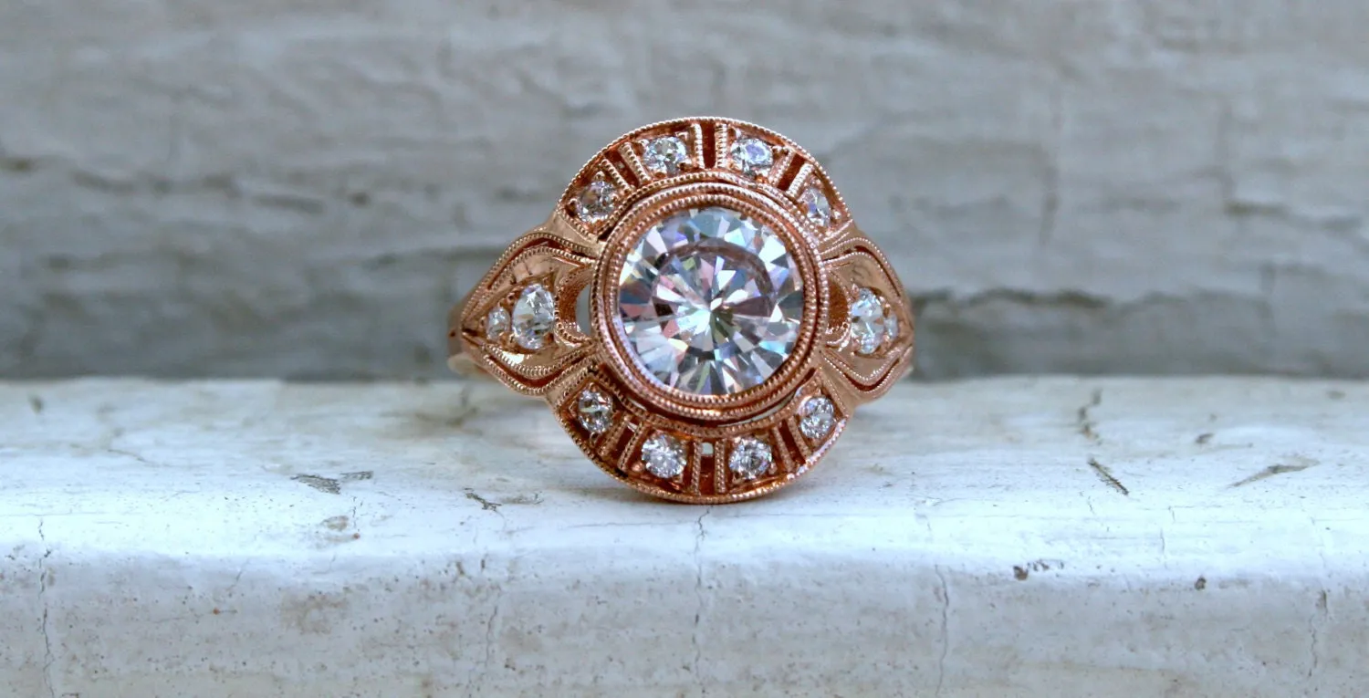 Vintage Inspired Moissanite Halo Engagement Ring Wedding Ring.