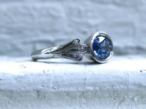 Vintage Inspired No Heat Sapphire Engagement Ring Wedding Ring with Leaves in 14K White Gold.