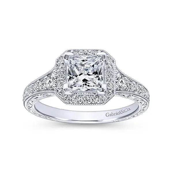 Vintage Inspired Princess Halo Diamond Engagement Ring Mounting