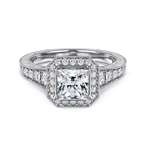 Vintage Inspired Princess Halo Diamond Engagement Ring Mounting