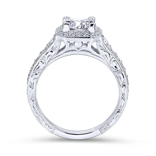 Vintage Inspired Princess Halo Diamond Engagement Ring Mounting