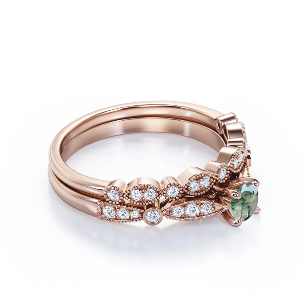 Vintage Milgrain 1 carat Round cut Moss Green Agate and diamond-cathedral setting-Bridal wedding ring set for women in White gold