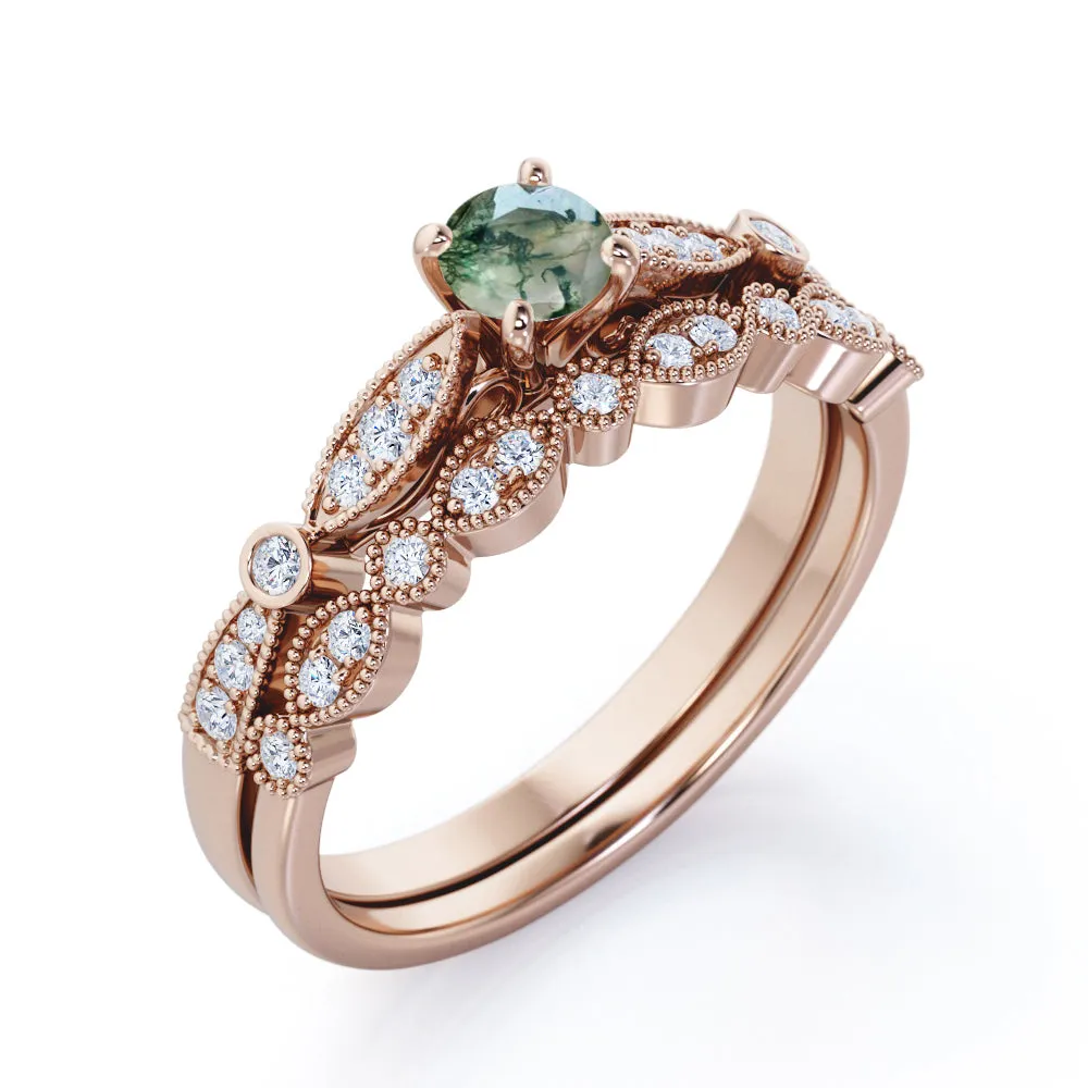 Vintage Milgrain 1 carat Round cut Moss Green Agate and diamond-cathedral setting-Bridal wedding ring set for women in White gold