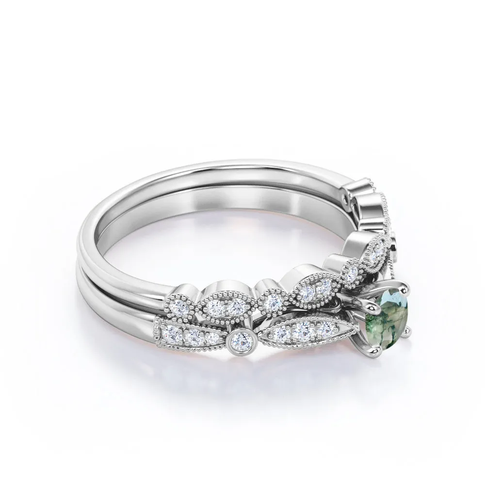 Vintage Milgrain 1 carat Round cut Moss Green Agate and diamond-cathedral setting-Bridal wedding ring set for women in White gold
