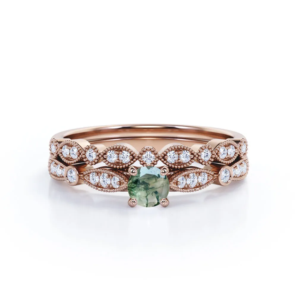 Vintage Milgrain 1 carat Round cut Moss Green Agate and diamond-cathedral setting-Bridal wedding ring set for women in White gold