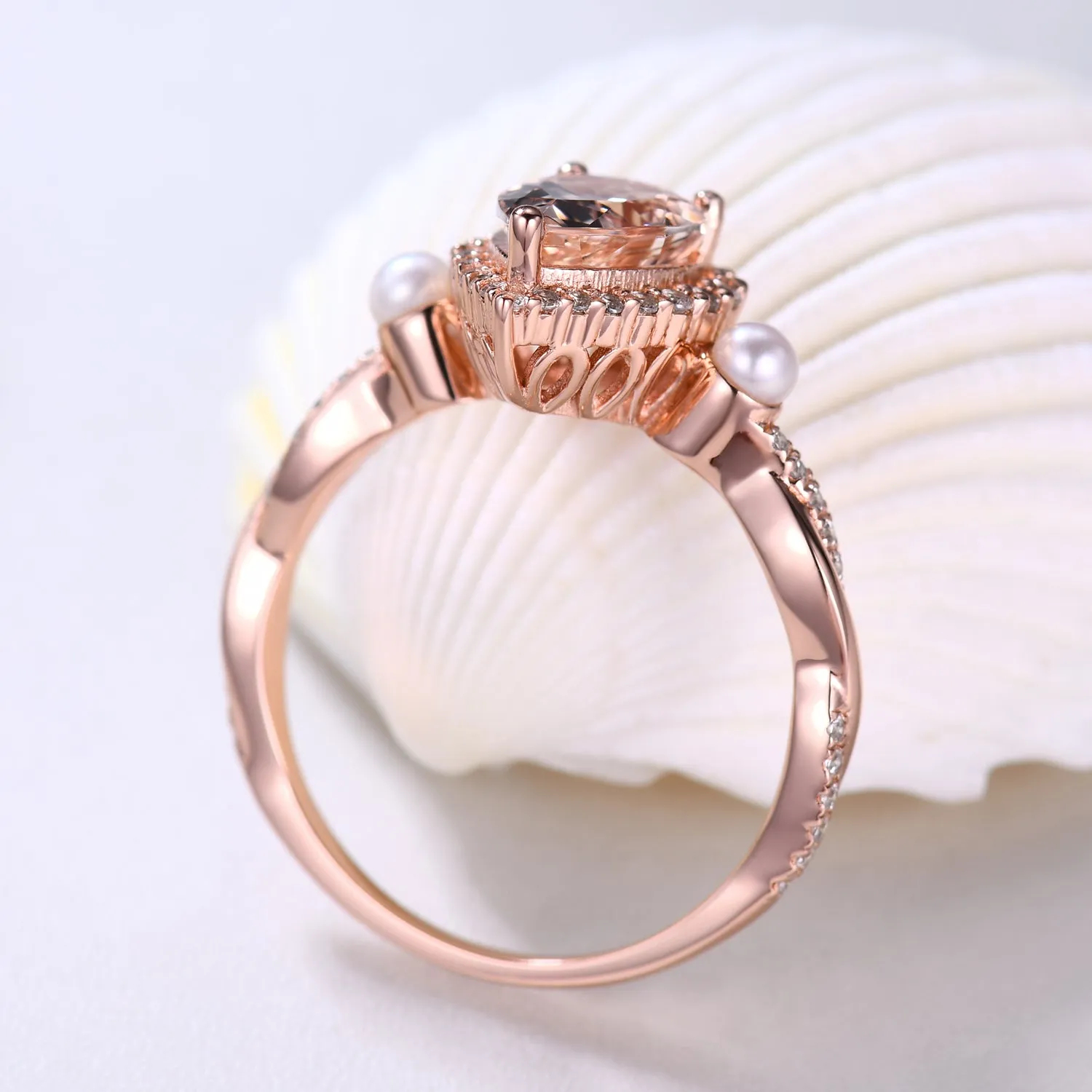 Vintage Pear Natural Morganite Engagement Ring Halo Diamond and Pearl Anniversary Ring