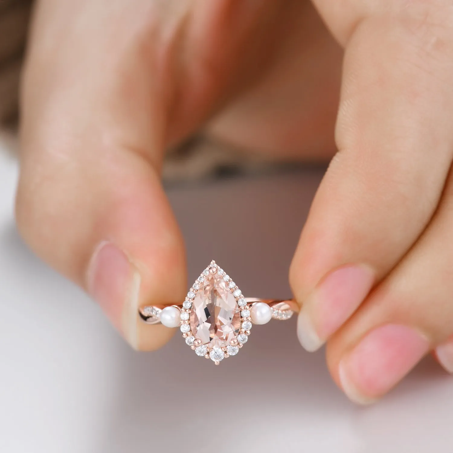 Vintage Pear Natural Morganite Engagement Ring Halo Diamond and Pearl Anniversary Ring