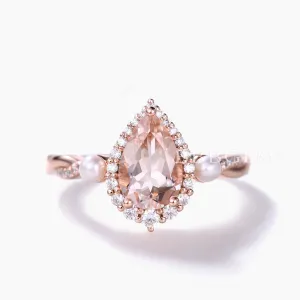 Vintage Pear Natural Morganite Engagement Ring Halo Diamond and Pearl Anniversary Ring