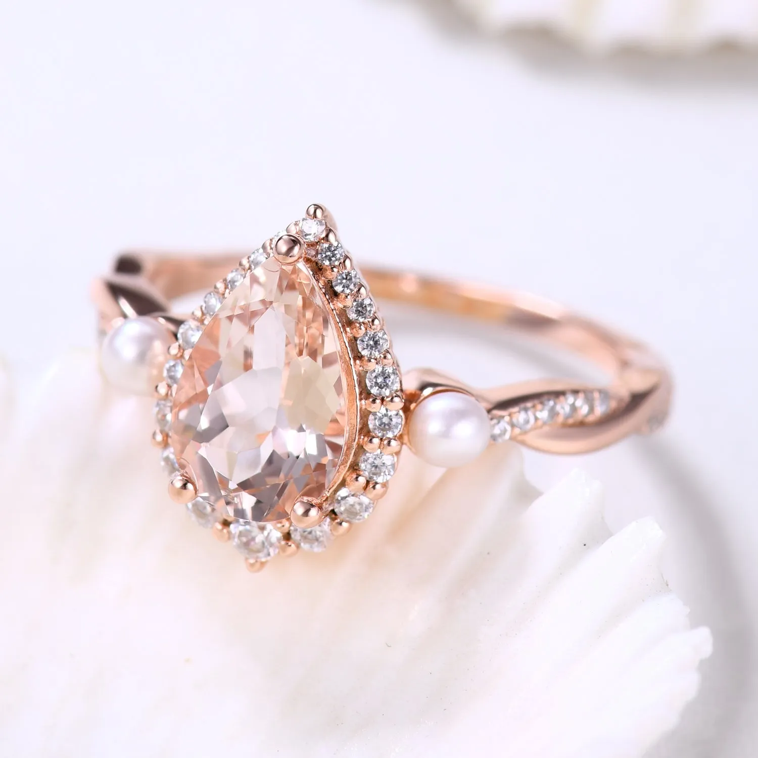 Vintage Pear Natural Morganite Engagement Ring Halo Diamond and Pearl Anniversary Ring