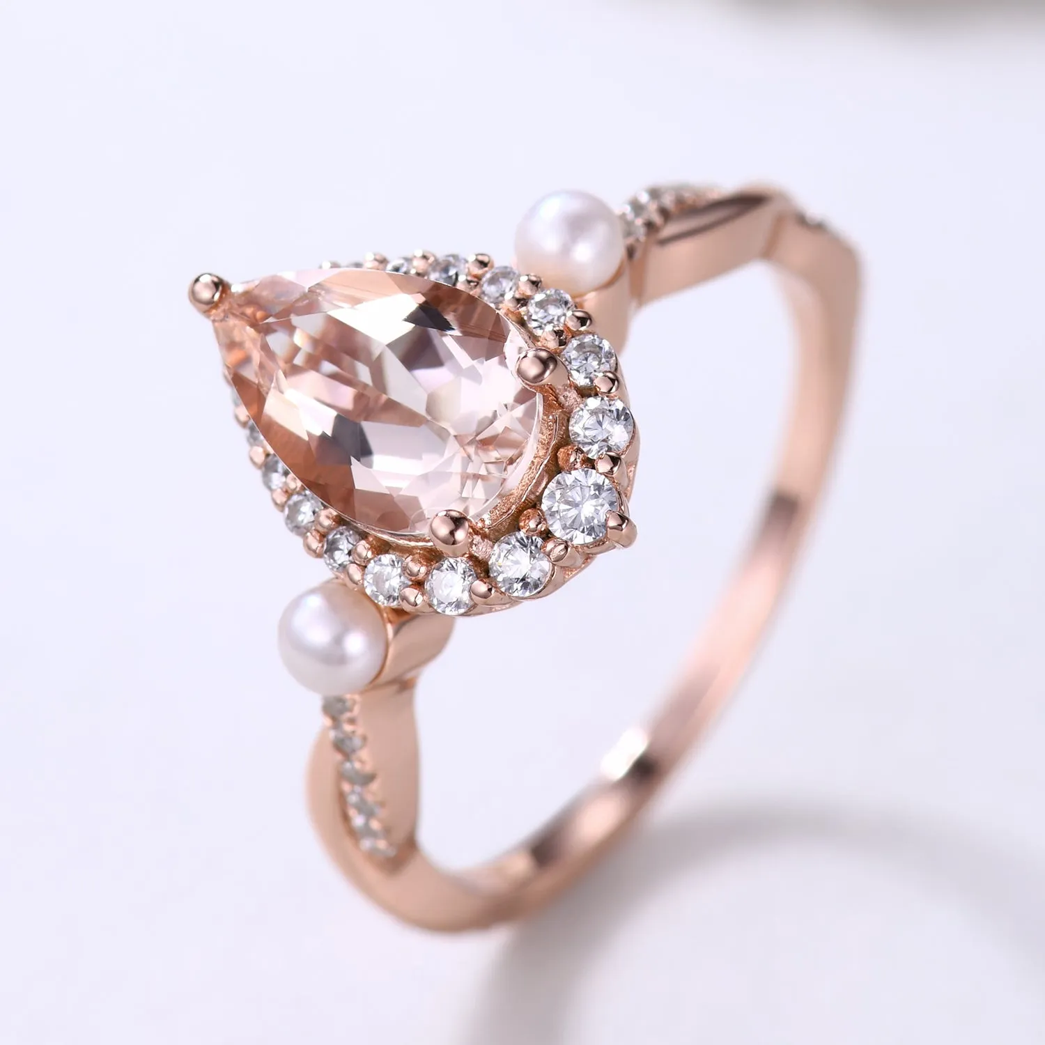 Vintage Pear Natural Morganite Engagement Ring Halo Diamond and Pearl Anniversary Ring