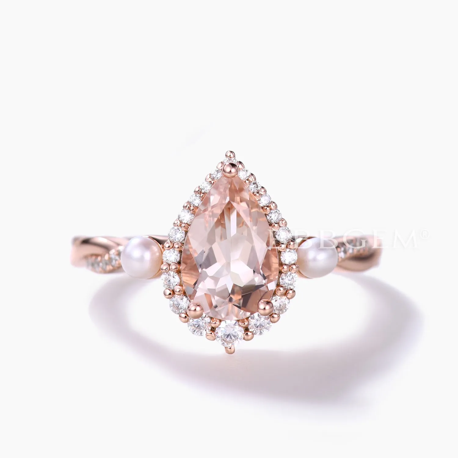 Vintage Pear Natural Morganite Engagement Ring Halo Diamond and Pearl Anniversary Ring