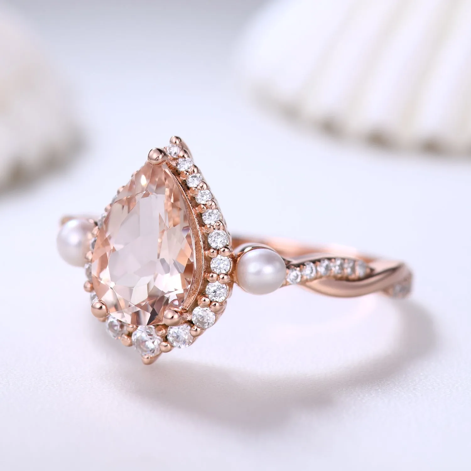 Vintage Pear Natural Morganite Engagement Ring Halo Diamond and Pearl Anniversary Ring