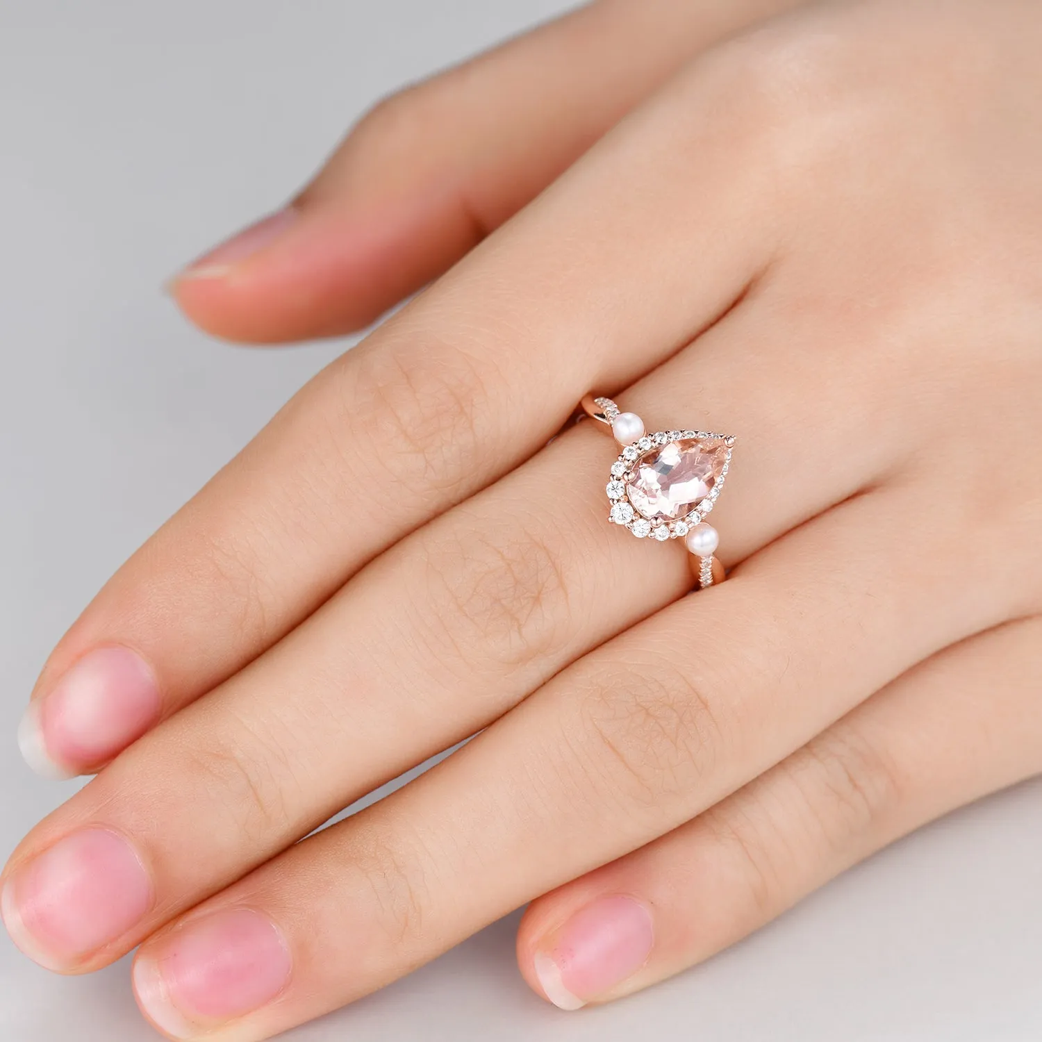 Vintage Pear Natural Morganite Engagement Ring Halo Diamond and Pearl Anniversary Ring