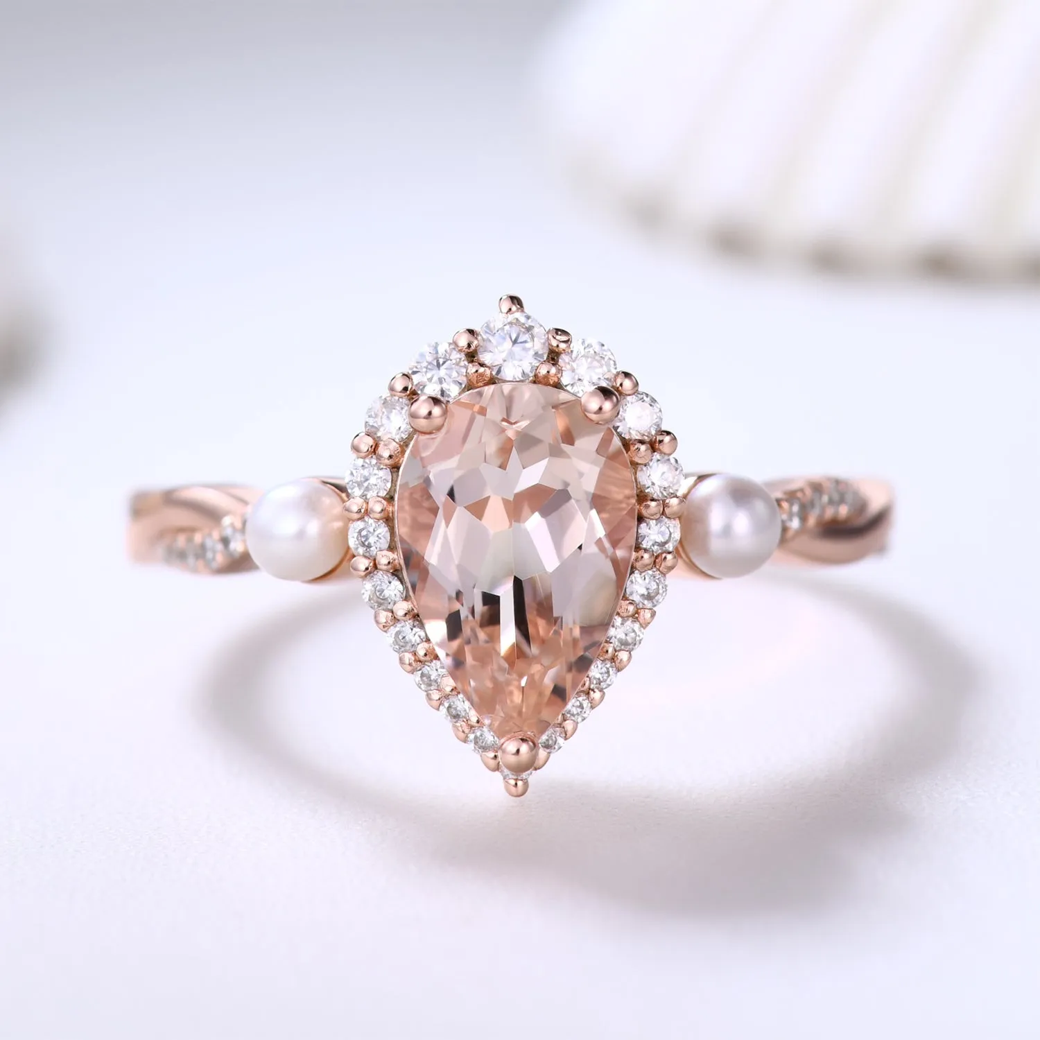 Vintage Pear Natural Morganite Engagement Ring Halo Diamond and Pearl Anniversary Ring