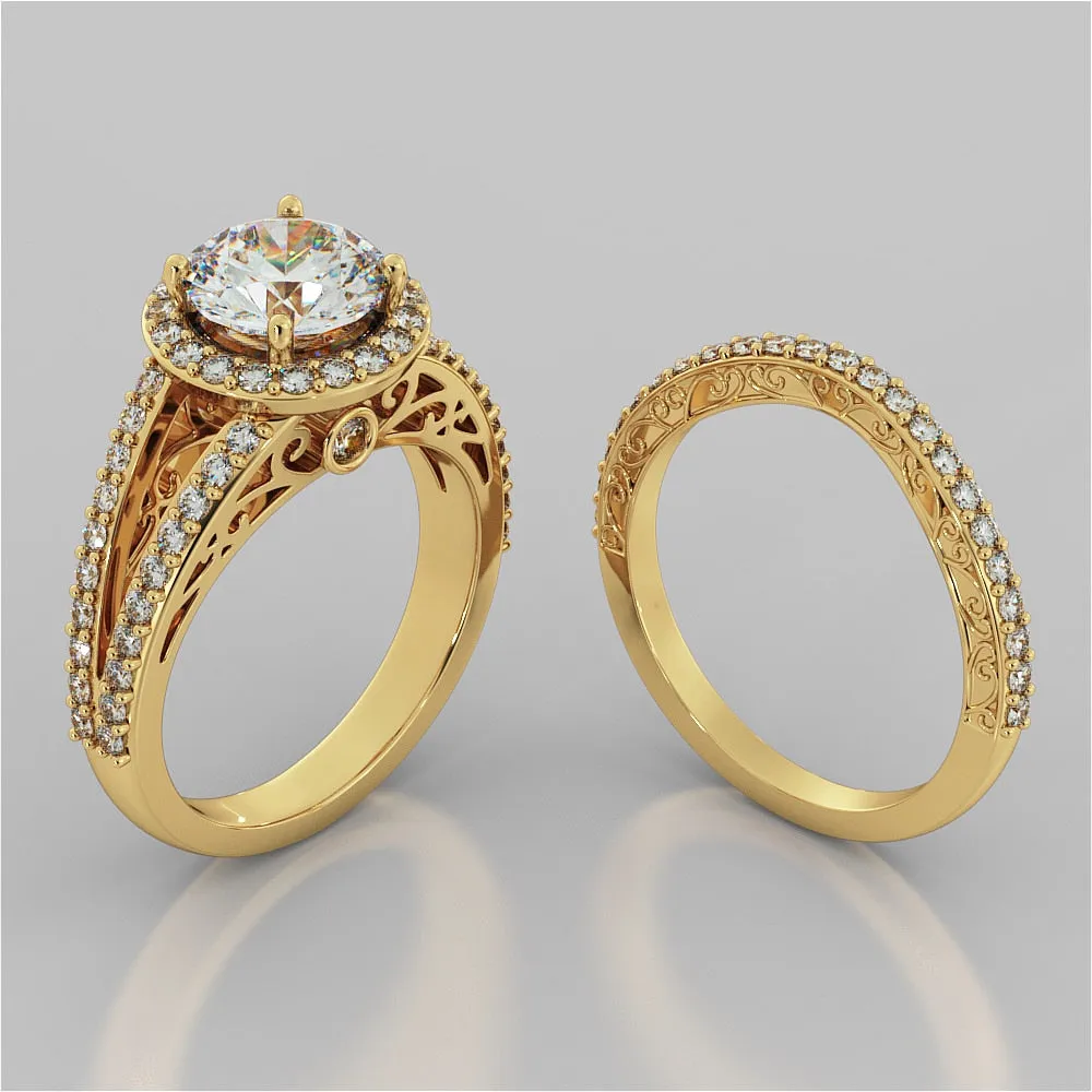 Vintage Round Cut Filigree Setting Wedding Set