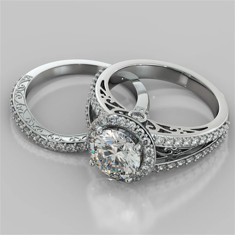 Vintage Round Cut Filigree Setting Wedding Set