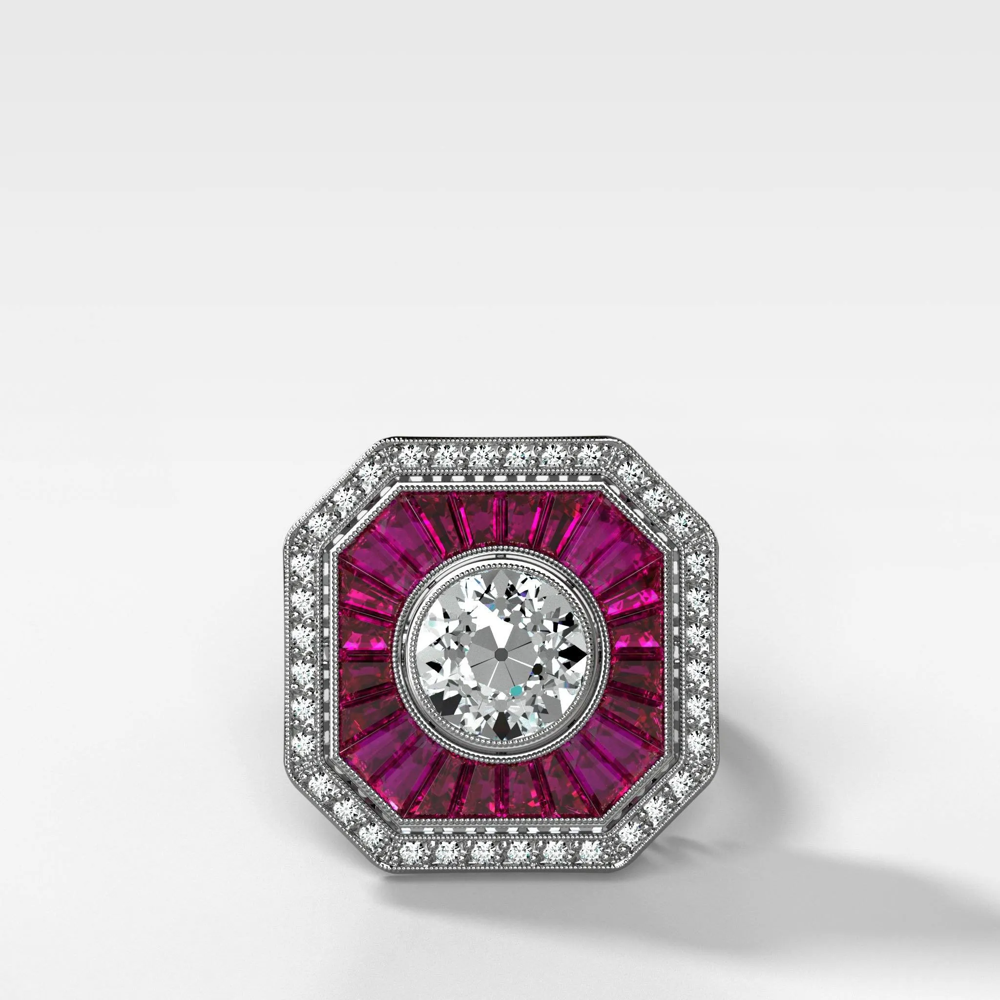 Vintage Ruby And Diamond Two Tone Art Deco Halo Setting