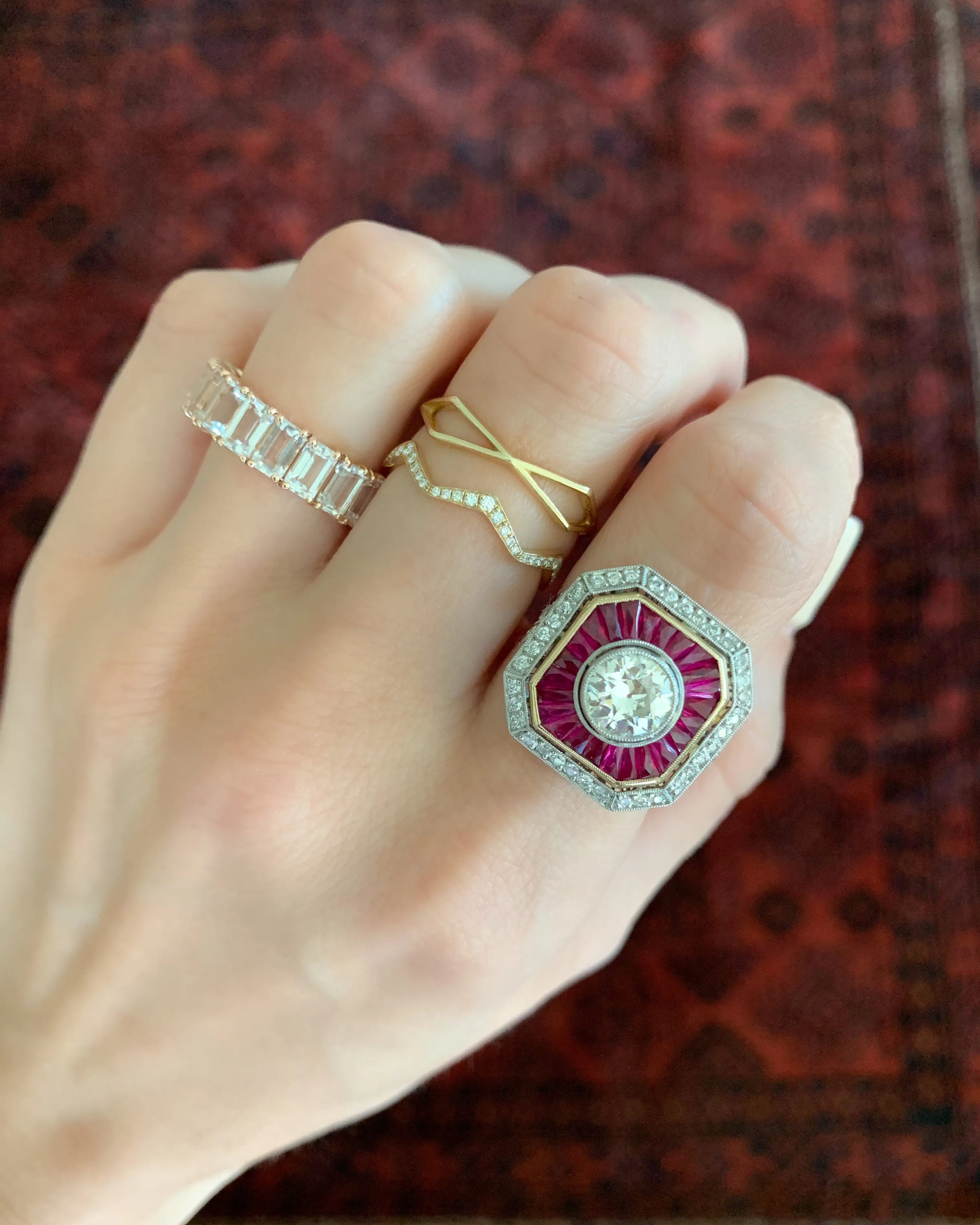 Vintage Ruby And Diamond Two Tone Art Deco Halo Setting