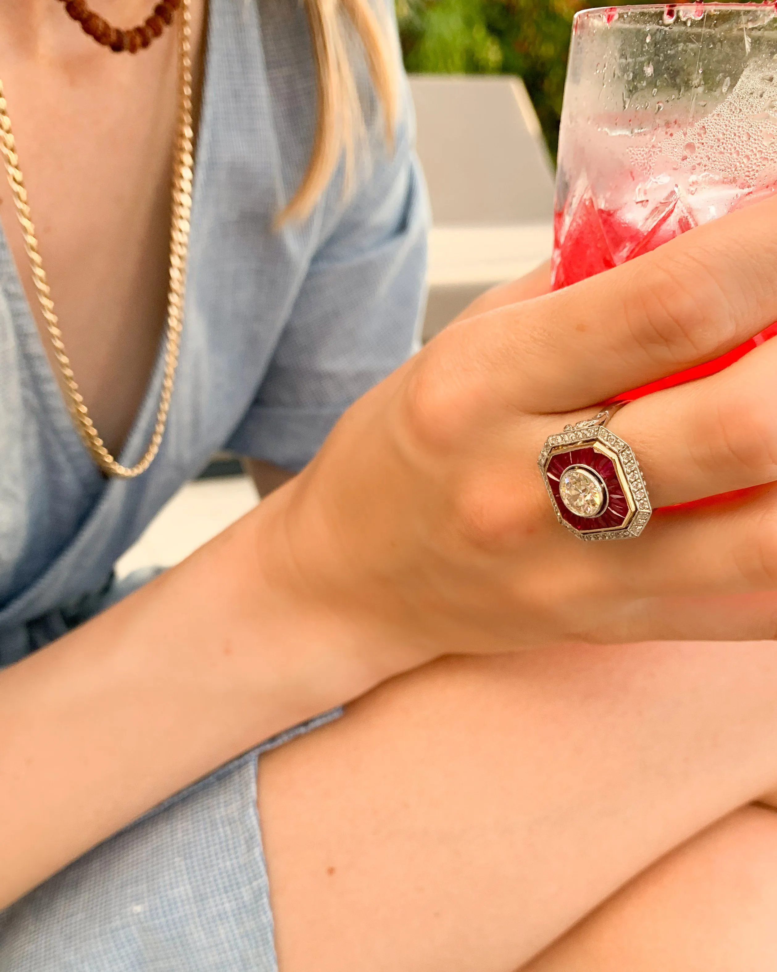 Vintage Ruby And Diamond Two Tone Art Deco Halo Setting