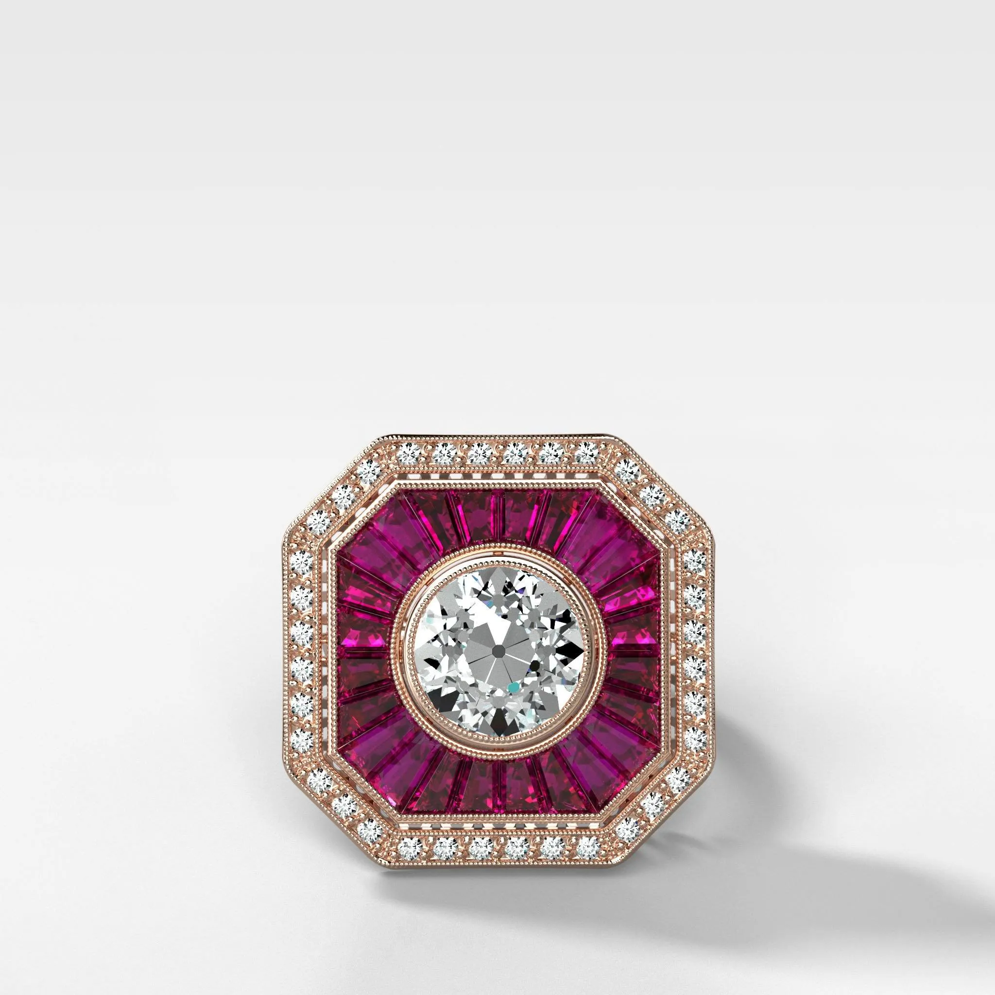 Vintage Ruby And Diamond Two Tone Art Deco Halo Setting