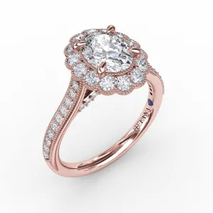 Vintage Scalloped Halo Oval Engagement Ring With Milgrain Details