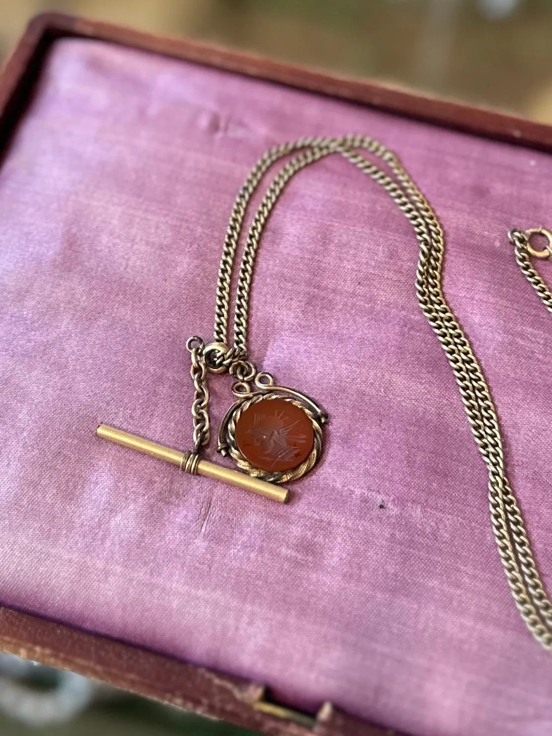 Vintage Signed Automade Sterling Silver Gold Plated with Antique Carnelian Intaglio Soldier Pendant Necklace 24.5” Victorian Fob