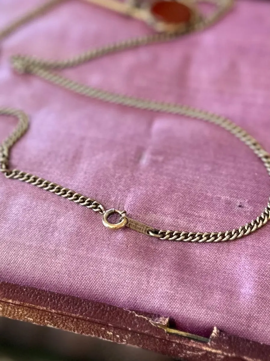 Vintage Signed Automade Sterling Silver Gold Plated with Antique Carnelian Intaglio Soldier Pendant Necklace 24.5” Victorian Fob