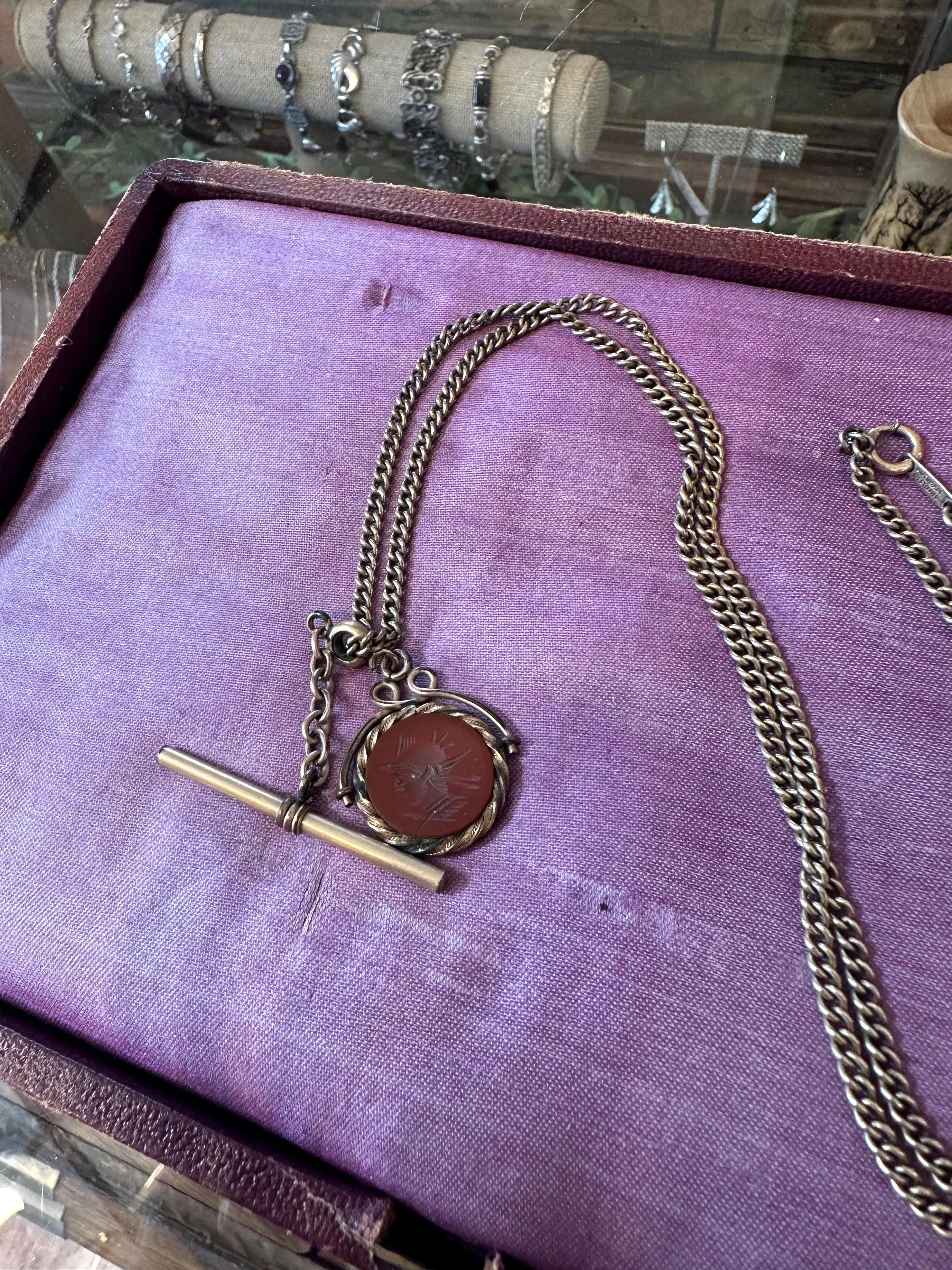 Vintage Signed Automade Sterling Silver Gold Plated with Antique Carnelian Intaglio Soldier Pendant Necklace 24.5” Victorian Fob