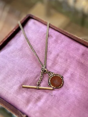 Vintage Signed Automade Sterling Silver Gold Plated with Antique Carnelian Intaglio Soldier Pendant Necklace 24.5” Victorian Fob