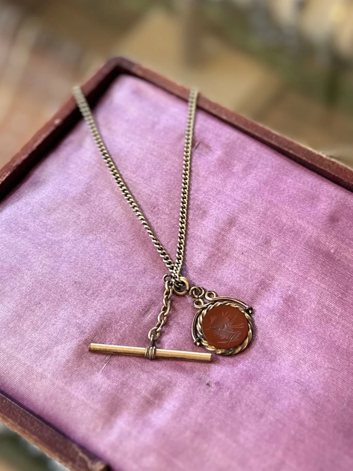 Vintage Signed Automade Sterling Silver Gold Plated with Antique Carnelian Intaglio Soldier Pendant Necklace 24.5” Victorian Fob