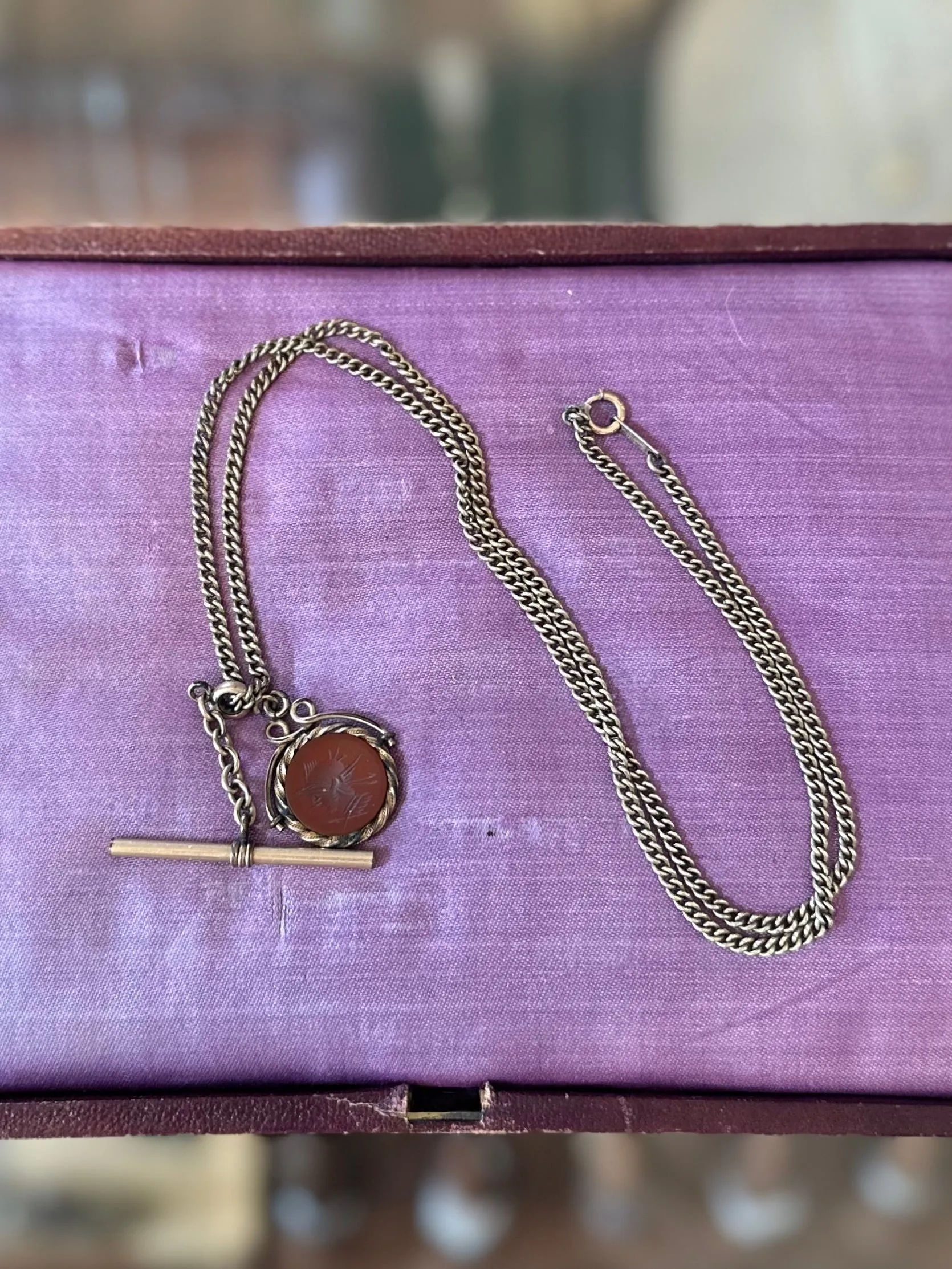 Vintage Signed Automade Sterling Silver Gold Plated with Antique Carnelian Intaglio Soldier Pendant Necklace 24.5” Victorian Fob