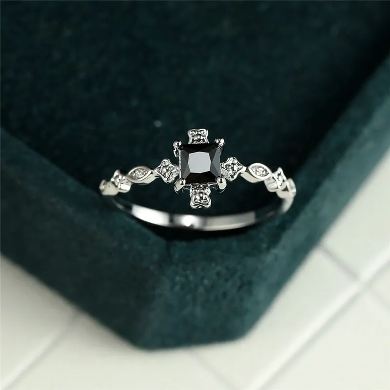 Vintage Square Black Zircon Ring Wedding Engagement For Women