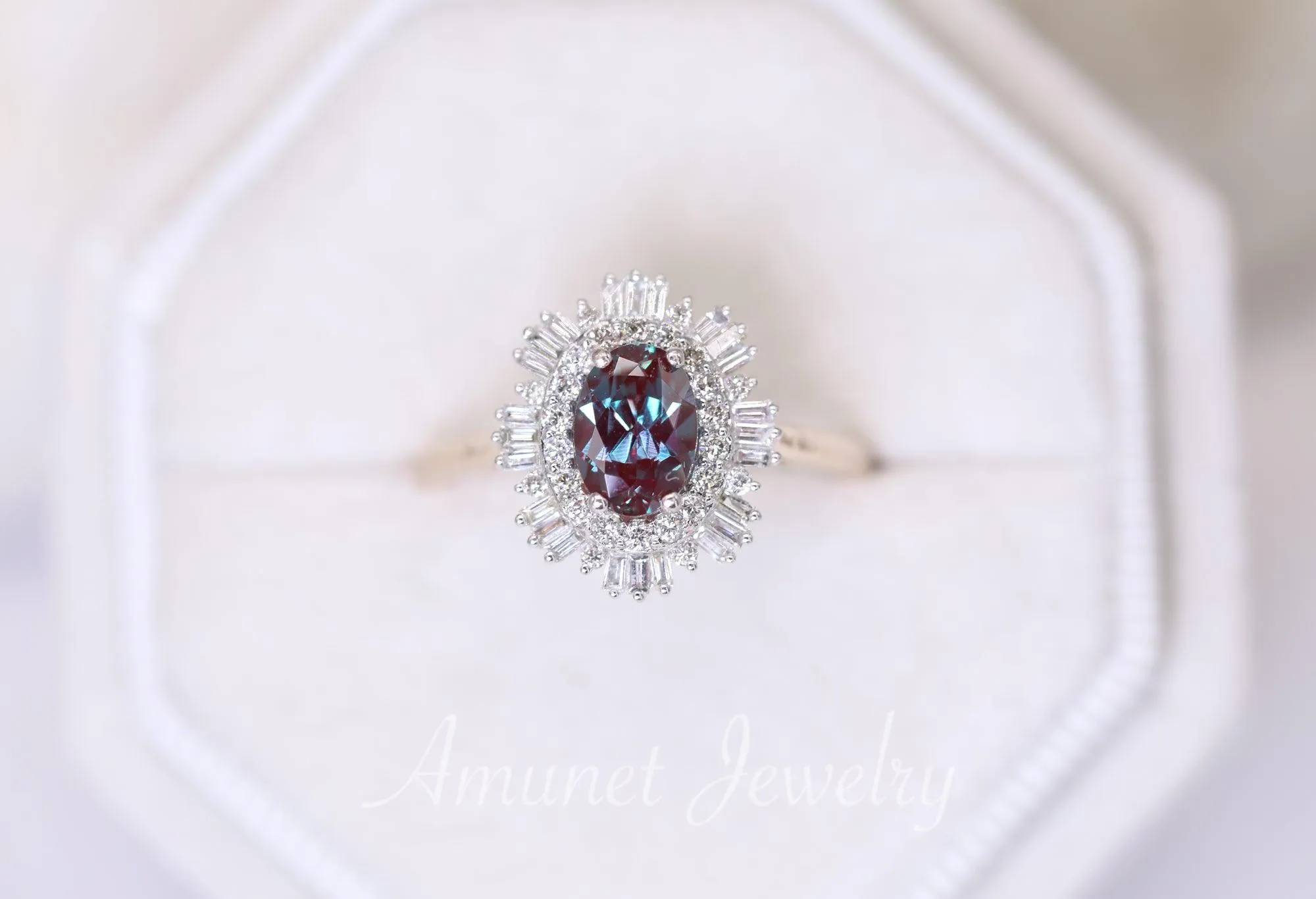 Vintage style alexandrite ring, Chatham alexandrite, baguette diamond ring, engagement ring, vintage style diamond ring