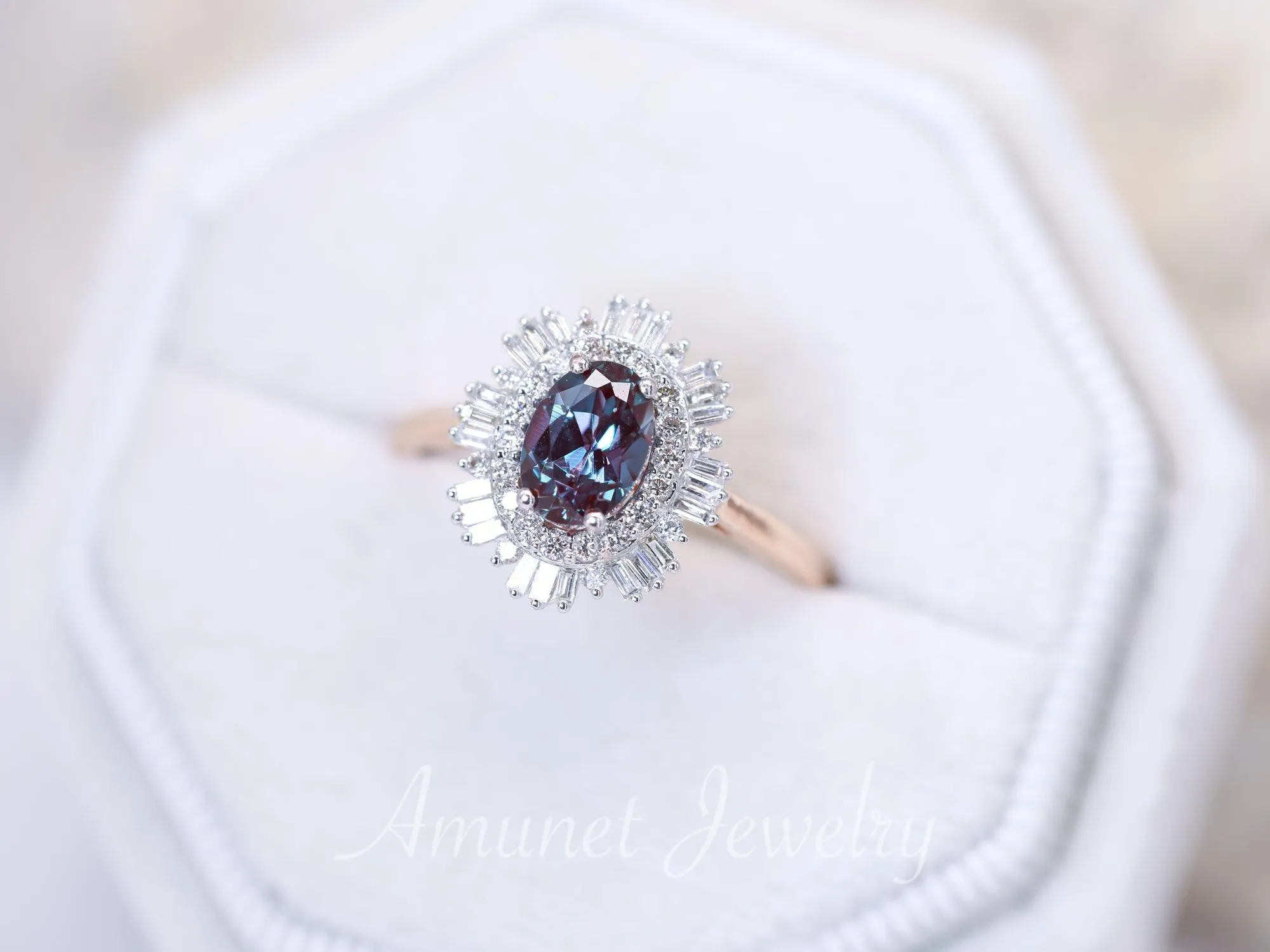 Vintage style alexandrite ring, Chatham alexandrite, baguette diamond ring, engagement ring, vintage style diamond ring