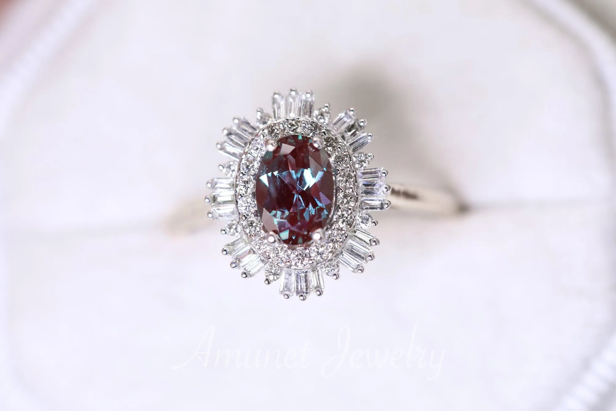 Vintage style alexandrite ring, Chatham alexandrite, baguette diamond ring, engagement ring, vintage style diamond ring