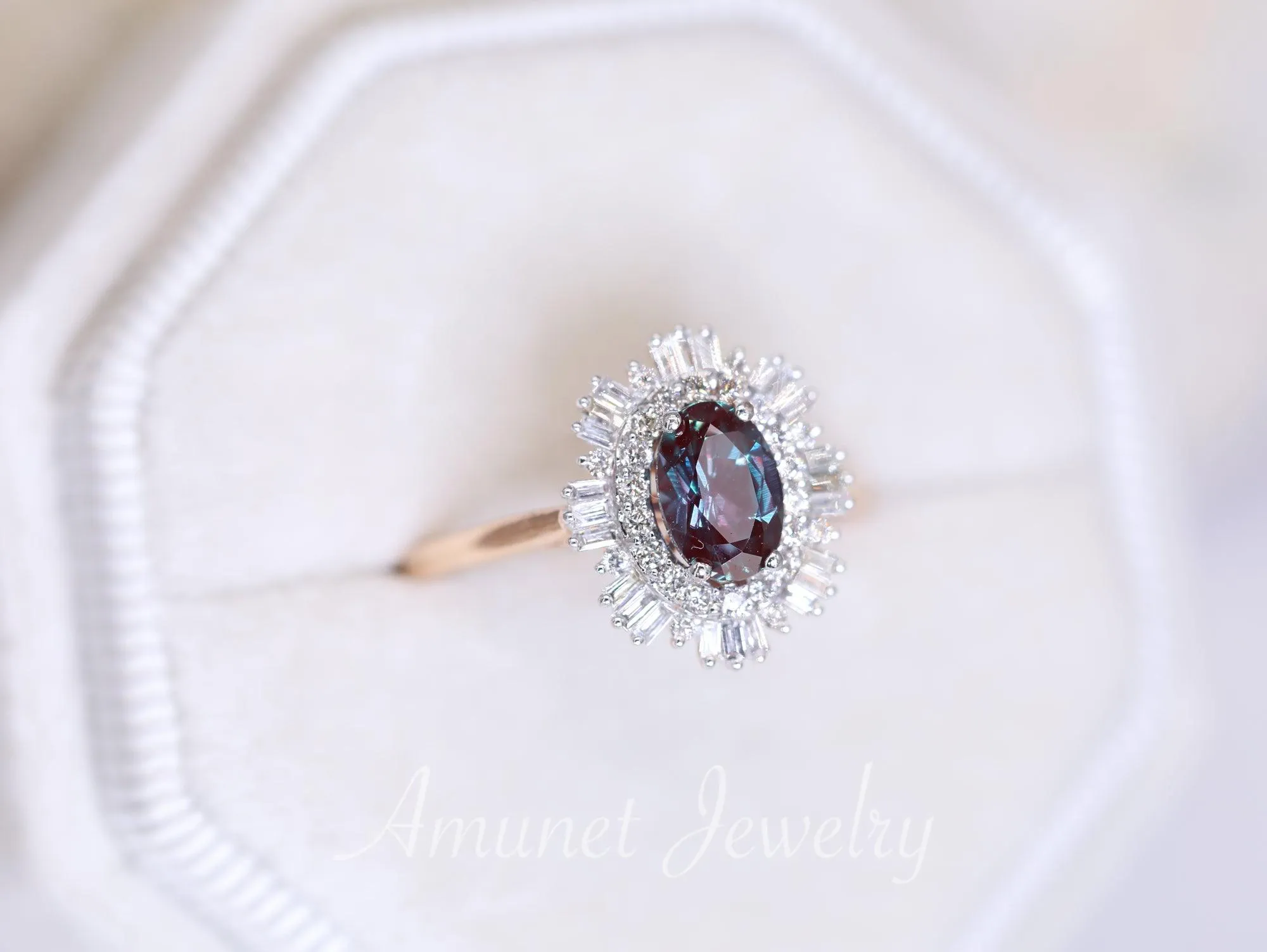 Vintage style alexandrite ring, Chatham alexandrite, baguette diamond ring, engagement ring, vintage style diamond ring