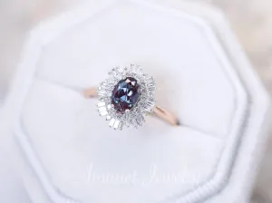 Vintage style alexandrite ring, Chatham alexandrite, baguette diamond ring, engagement ring, vintage style diamond ring