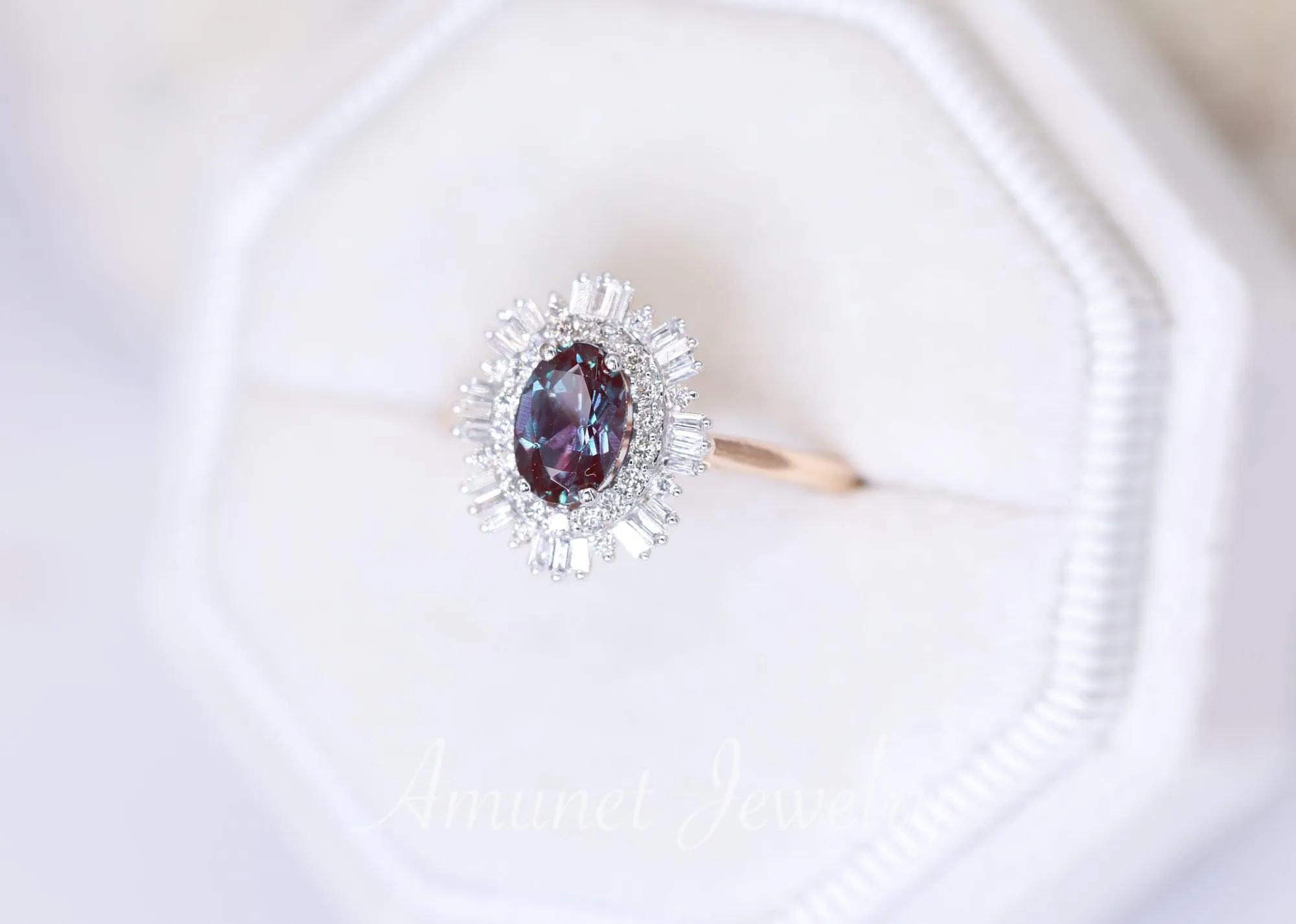 Vintage style alexandrite ring, Chatham alexandrite, baguette diamond ring, engagement ring, vintage style diamond ring