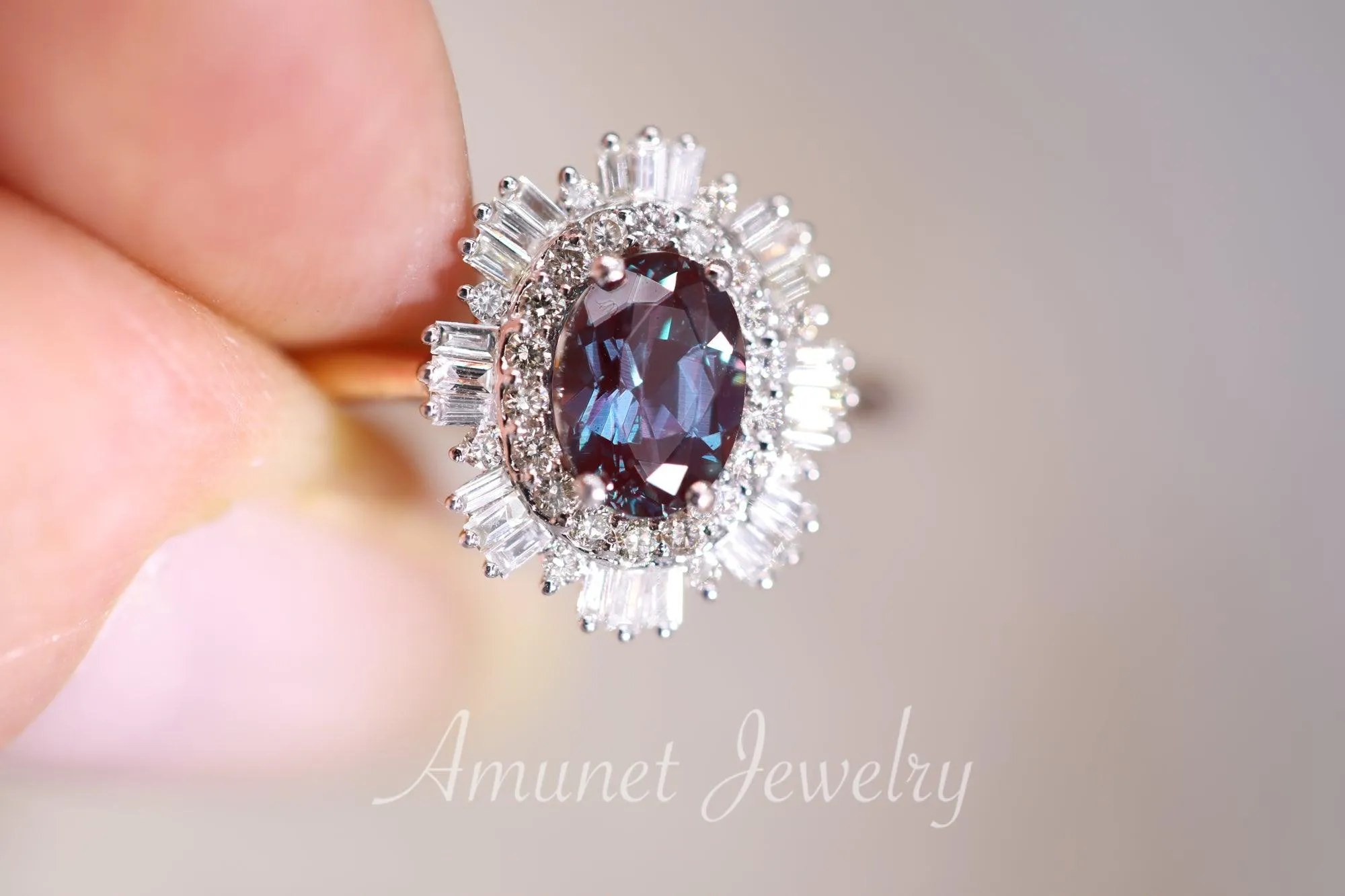 Vintage style alexandrite ring, Chatham alexandrite, baguette diamond ring, engagement ring, vintage style diamond ring