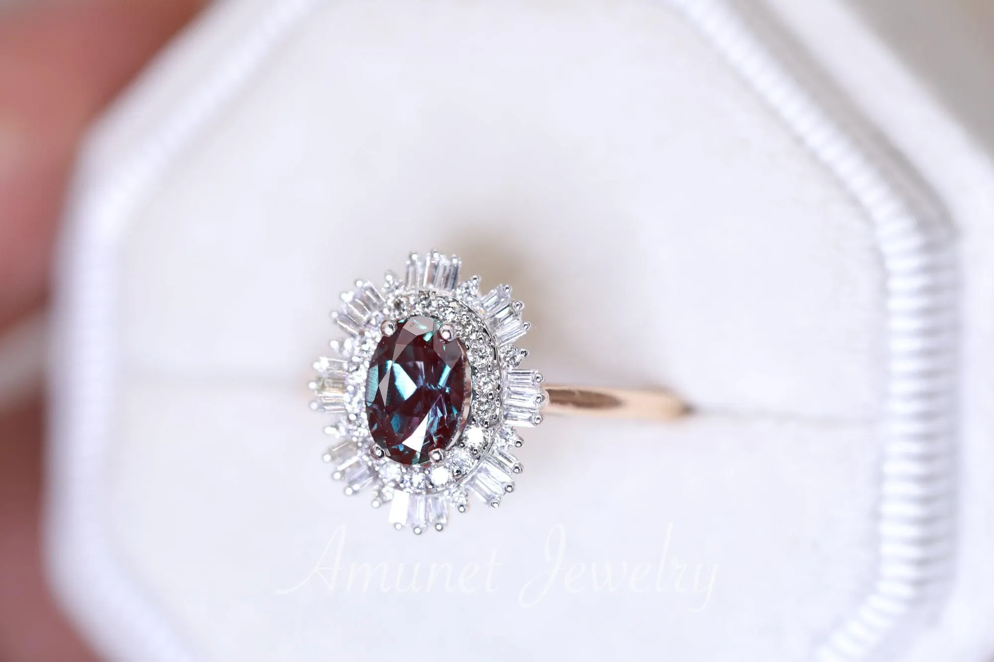 Vintage style alexandrite ring, Chatham alexandrite, baguette diamond ring, engagement ring, vintage style diamond ring