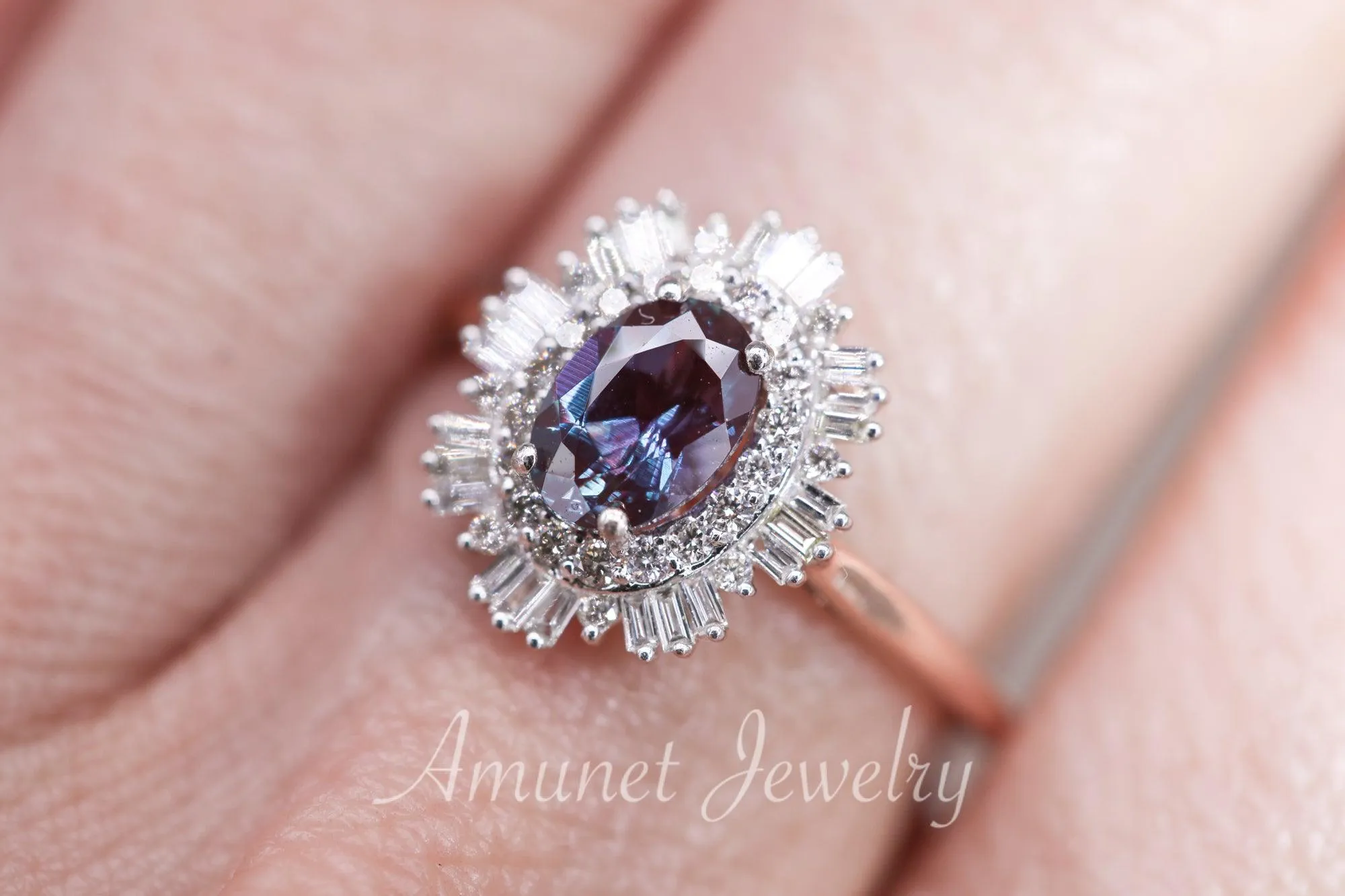 Vintage style alexandrite ring, Chatham alexandrite, baguette diamond ring, engagement ring, vintage style diamond ring