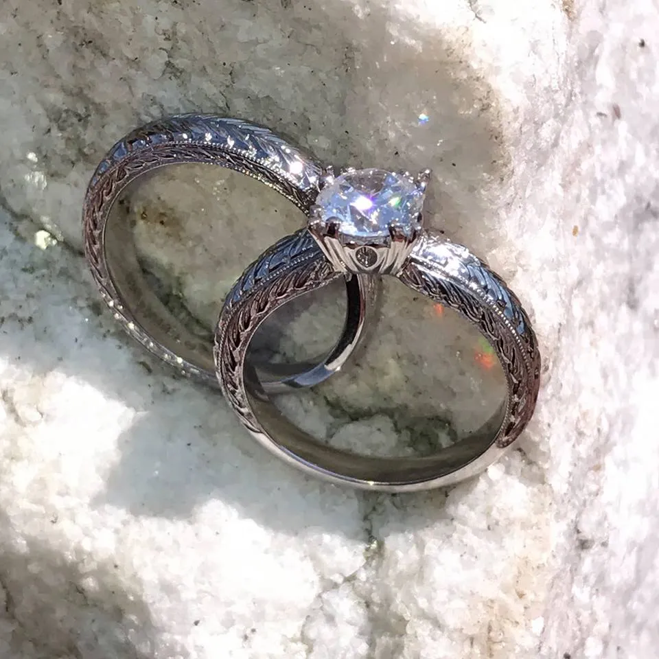 Vintage Style Hand Engraved Solitaire Engagement Rings