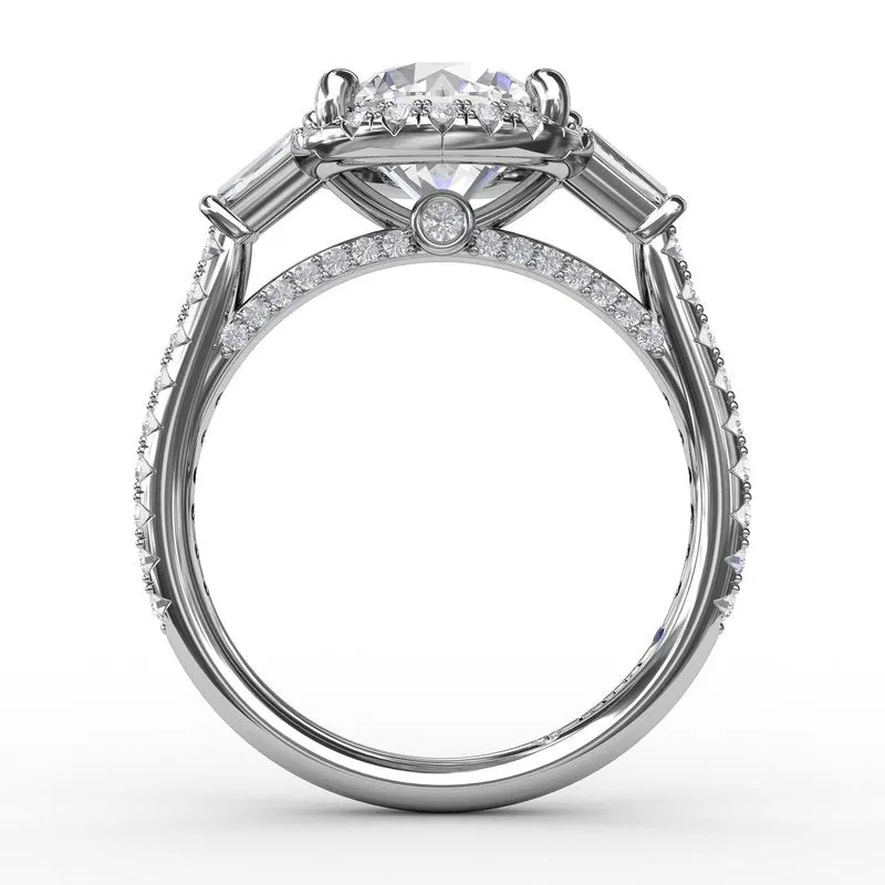 Vintage Style Round Diamond Halo Engagement Ring With Tapered Baguettes